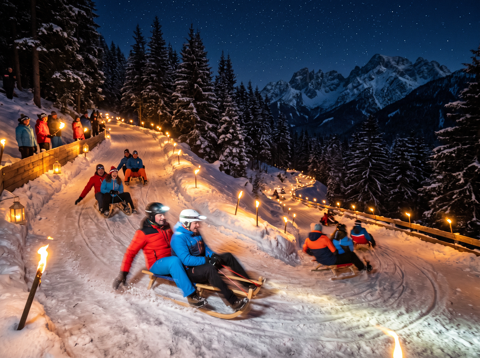 Gruppe beim Rodeln auf einer beleuchteten Piste bei Nacht