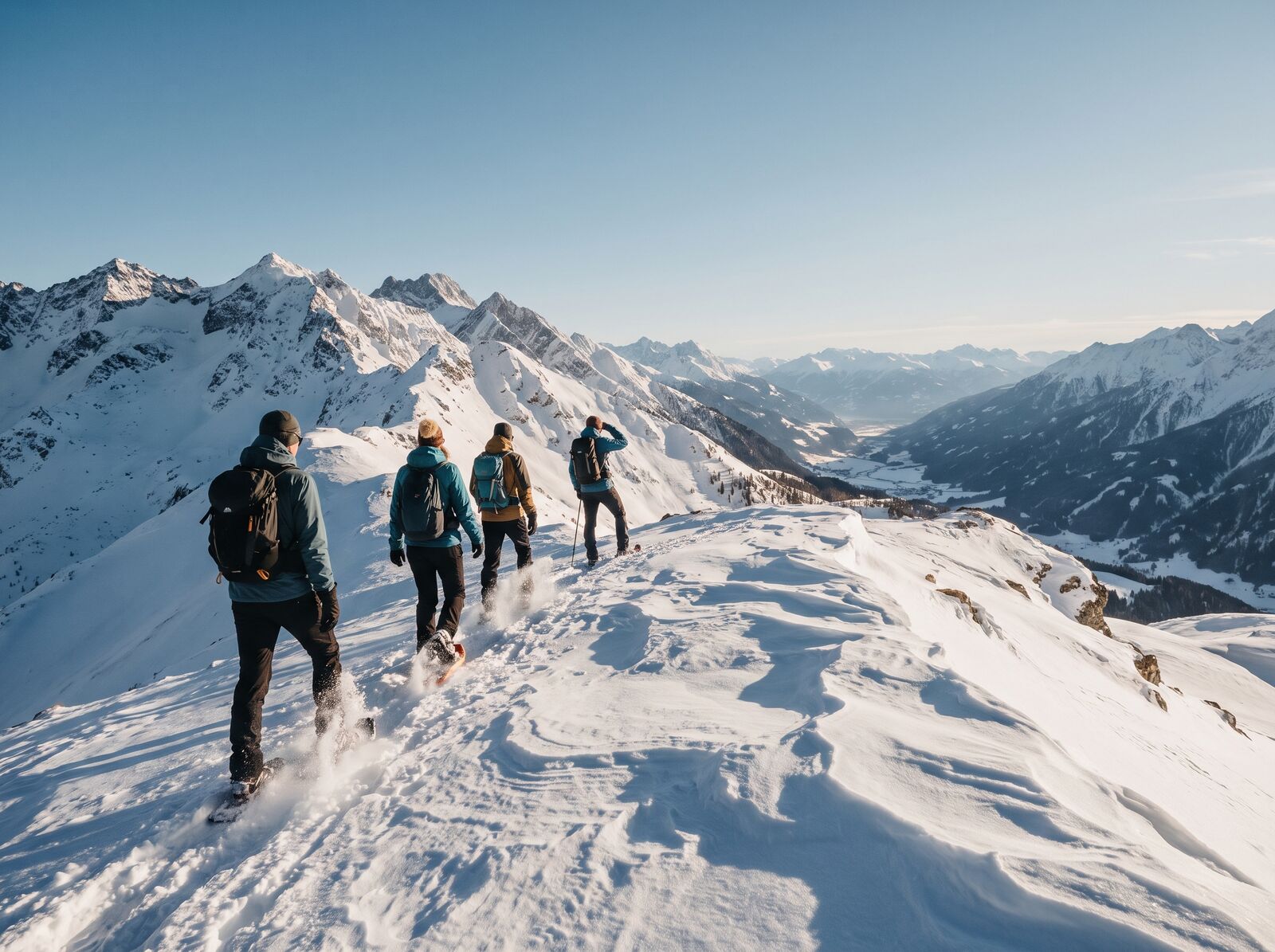 Gruppe mit Schneeschuhen auf einem verschneiten Bergkamm im Tiefschnee