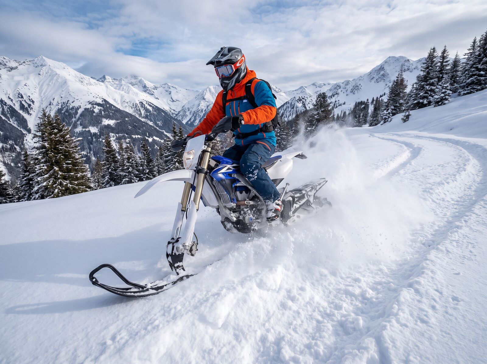 Snowbiker auf einer verschneiten Bergwiese mit Panorama