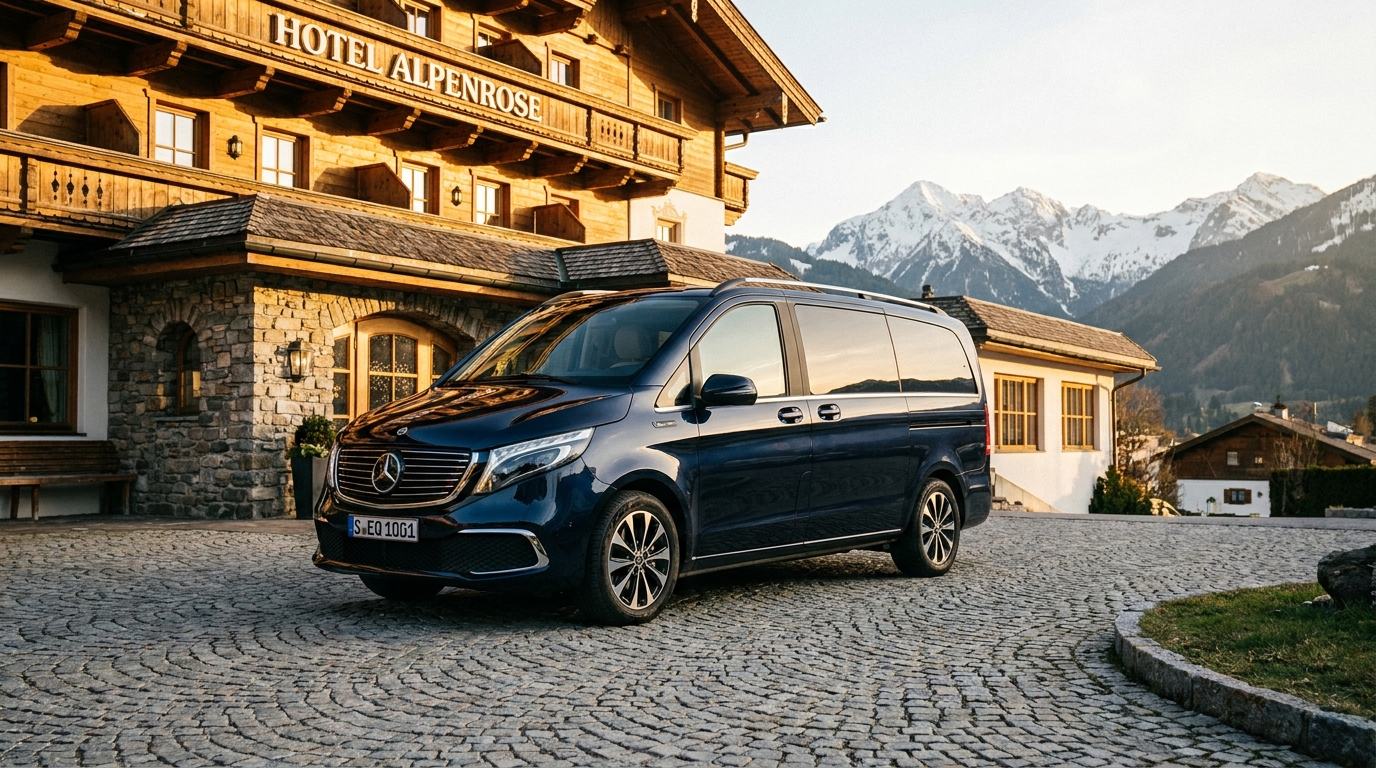 Elektrischer Shuttle-Bus vor einem Hotel in den Alpen